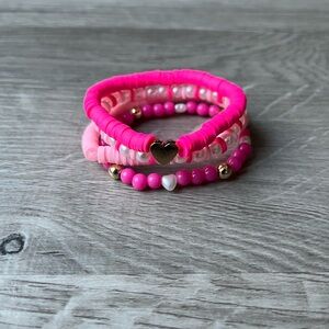 Pink Beaded Bracelet Set with Heart Charm